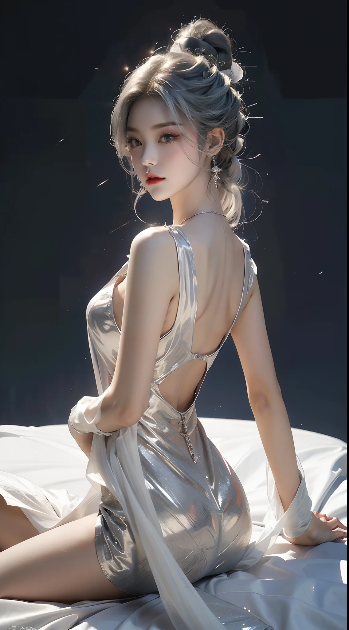 (top-quality、tmasterpiece:1.2)，teens girl，White color hair、Smooth skin、Beautiful mouth、Smooth legs、Busty body，Long silver transparent dress，No underwear，Moon，onbed，Riding position，Visible on the back，Butt visible，