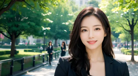 a park、facefocus、beautiful woman,　business suits、a picture、a detailed face、detailed lips、a detailed eye、a smile