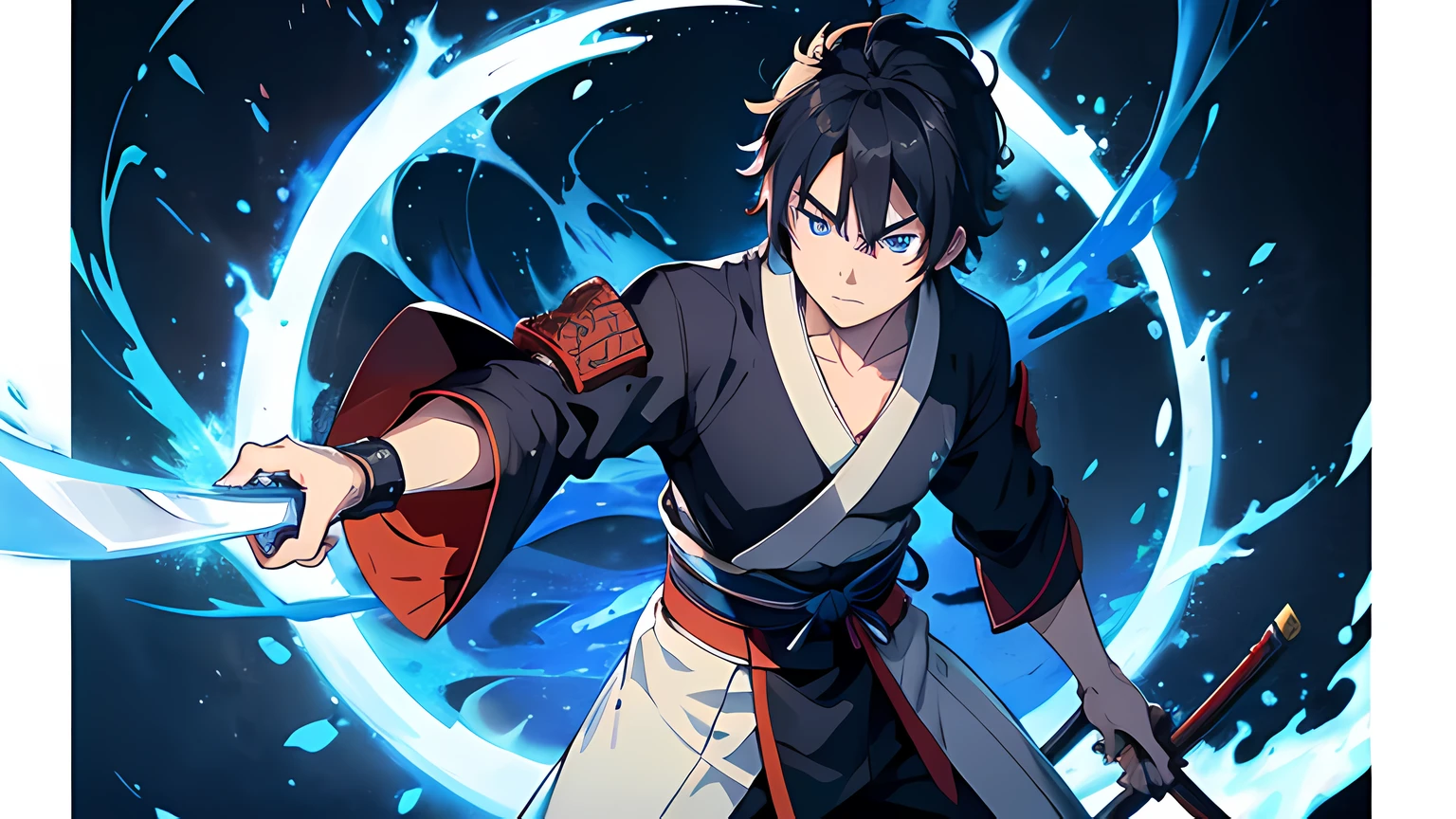 a young male samurai. he is a righteous samurai who fight evil. he wear white kimono. he hold a sword with flames coming out from his sword. the Background is in the japanese castle. The background is a swirling blue flame in Katsushika Hokusai style. Has a demonic red aura on his body. Masterpiece, high-resolution, detailed eyes, blue eye color. full body. Ray tracing, dynamic lighting.