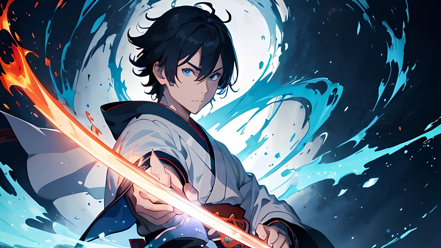 a young male samurai. he is a righteous samurai who fight evil. he wear white kimono. he hold a sword with flames coming out from his sword. the Background is in the japanese castle. The background is a swirling blue flame in Katsushika Hokusai style. Has a demonic red aura on his body. Masterpiece, high-resolution, detailed eyes, blue eye color. full body. Ray tracing, dynamic lighting.