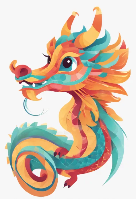 side portrait of a cute Chinese dragon, lovely dragon, flat illustration, vector painting, in the style of xiaofei yue, colorful whimsy, geometric shapes, vibrant colors, cartoon, white background --ar 3:4