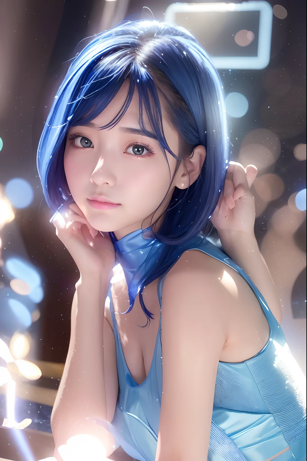 Alafi girl in a blue dress poses with a microphone on stage, dilraba dilmurat, jaeyeon nam, 8K Artgerm bokeh, with glowing blue lights, portrait of female korean idol, Korean Idol, Shot on Canon EOS R 6, hwang se - on, jia, shaxi, in a glowing skirt, tiffany style