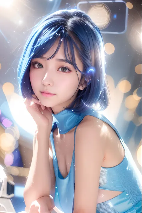 Alafi girl in a blue dress poses with a microphone on stage, dilraba dilmurat, jaeyeon nam, 8K Artgerm bokeh, with glowing blue ...