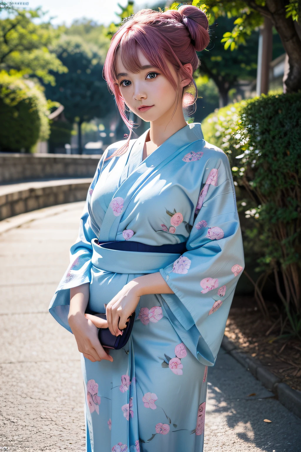 (masterpiece, best quality, beautiful girl, solo, gardeniass, 8k, official art, raw photo, detailed Blue eyes, full Pink Hair, 2 buns, classic yukata, teen, shy, medium curvy body, blue eyes, soft smile