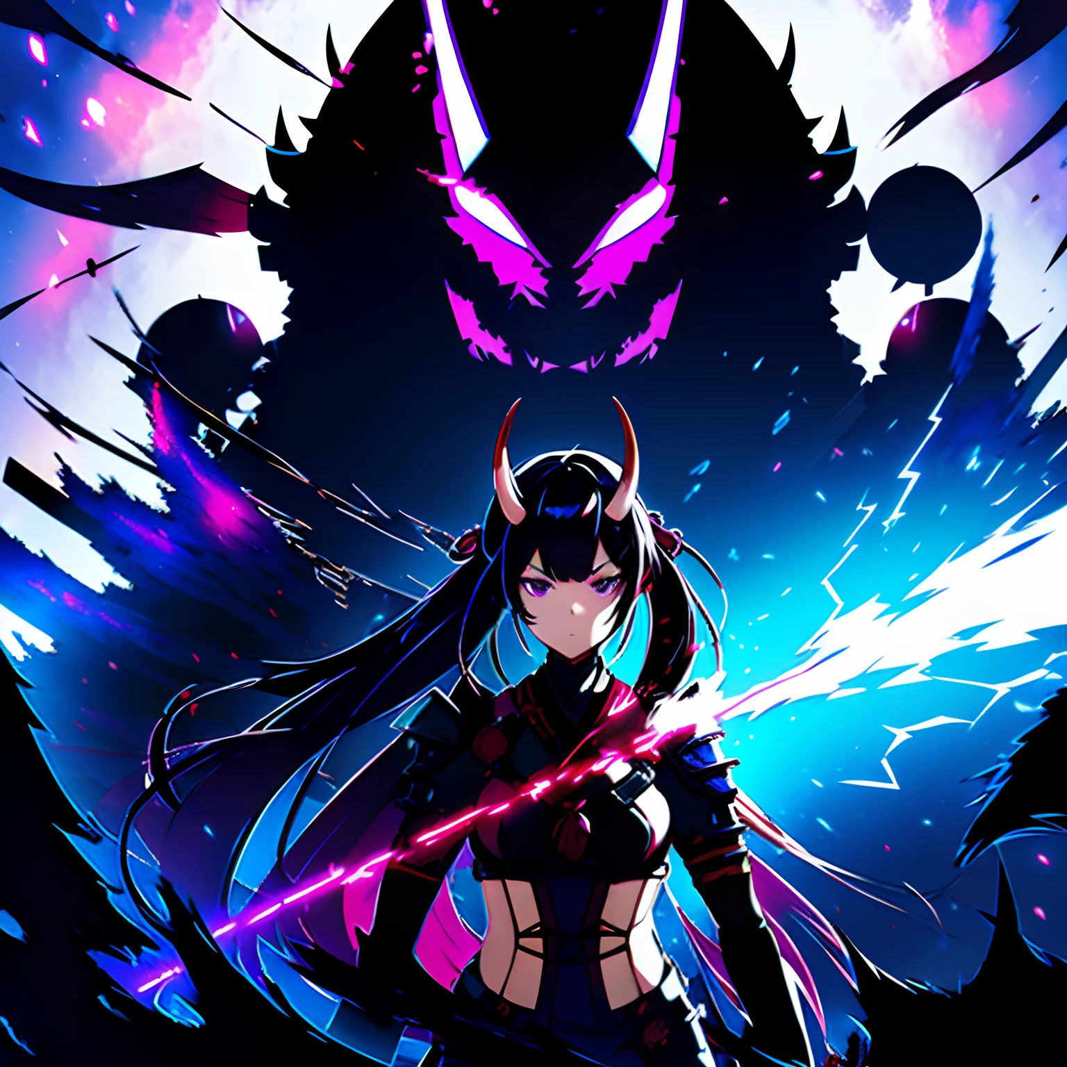 1 girl, solo, Nakiri_Ayame, oni horns aberrant colours, light samurai armour, heavy mask covering mouth, black pantyhose, cool hair accessory, dark red hairpin, black hair, very long hair, let down hair, bun updo, ahoge, sidebangs, sparkling violet eyes, standing, cool pose, alien-like hell in background, blue and violet flames, angry expression