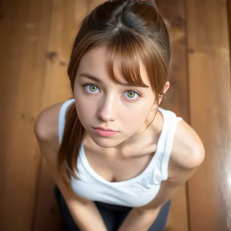 (From a straight above, birds-eye perspective), 1girl, Portrait of an 14 year old cute beautiful perfect face petit teengirl knelt on the wooden floor, very beautiful Russian, her eyes gazing up toward the camera, sleeveless t-shirt, cleavage,  bright eyes...