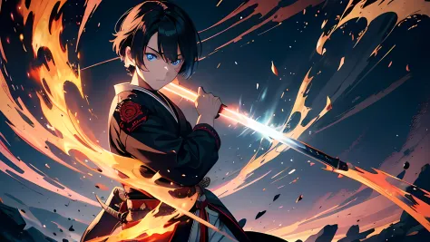 a young male samurai, wearing military uniform. he is a righteous samurai who fight demon. he hold a sword with flames coming ou...