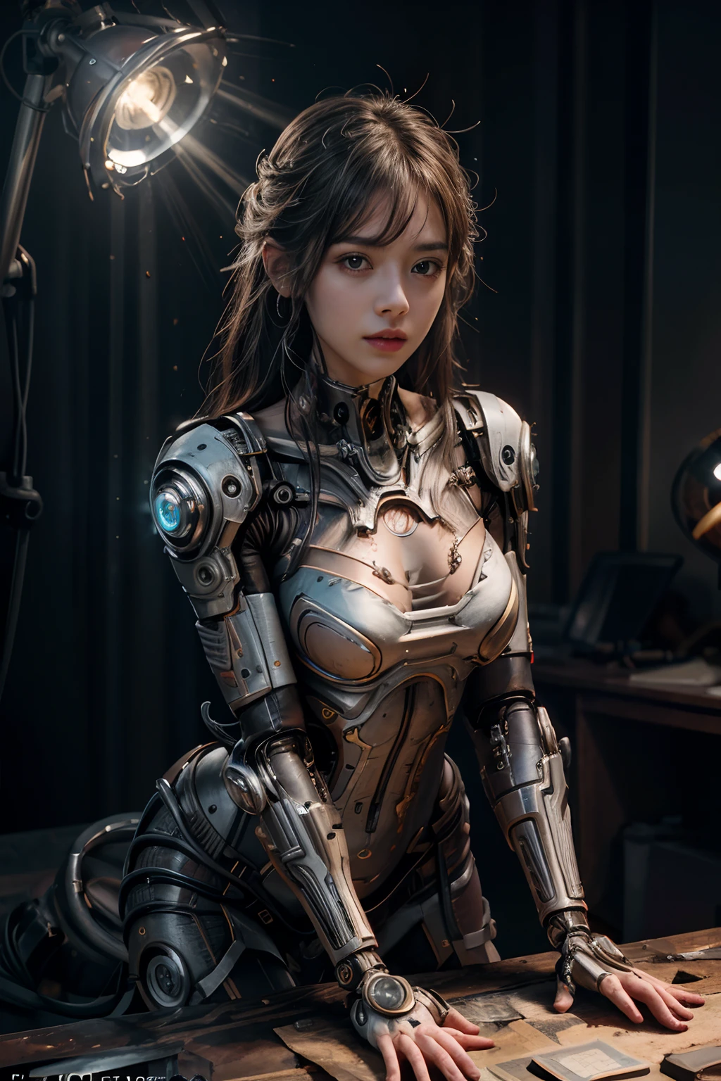 Movie pictures detailing the portraid closeup of a beautiful cyberpunk woman., robotic parts, line, fire, text; "Fenritz", High-quality photography, 3 lights, Flash with softbox, 10, Canon EOS R3, HDR, smooth, crisp focus, high-res, awarded photograph, 80 mm., F2.8, bokeh . 35mm photos., Skin, bokeh, professional, 10, high-detail, High-quality photography, 3 lights, Flash with softbox, 10, Canon EOS R3, HDR, smooth, crisp focus, high-res, awarded photograph, 80 mm., F2.8, bokeh