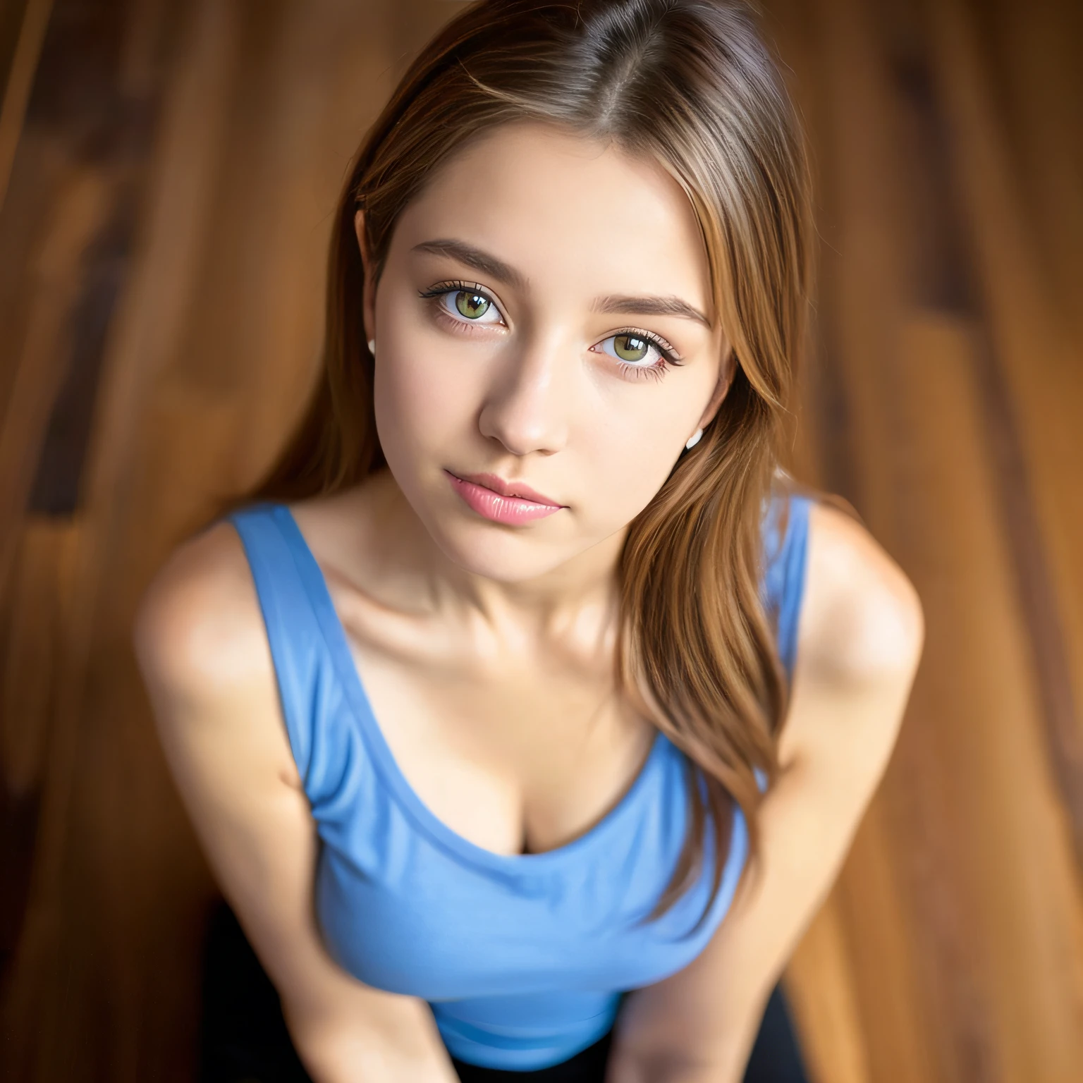 (From a straight above, birds-eye perspective), 1girl, Portrait of an 14 year old cute beautiful perfect face petit teengirl knelt on the wooden floor, very beautiful Russian, her eyes gazing up toward the camera, sleeveless t-shirt, (huge cleavage),  bright eyes, solo focus, close up, presenting face, looking at viewer, tempting lips, glamor hairstyle, happy cheerful