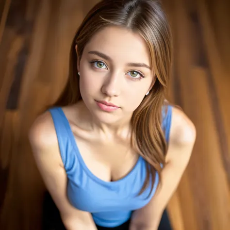 (From a straight above, birds-eye perspective), 1girl, Portrait of an 14 year old cute beautiful perfect face petit teengirl knelt on the wooden floor, very beautiful Russian, her eyes gazing up toward the camera, sleeveless t-shirt, (huge cleavage),  brig...