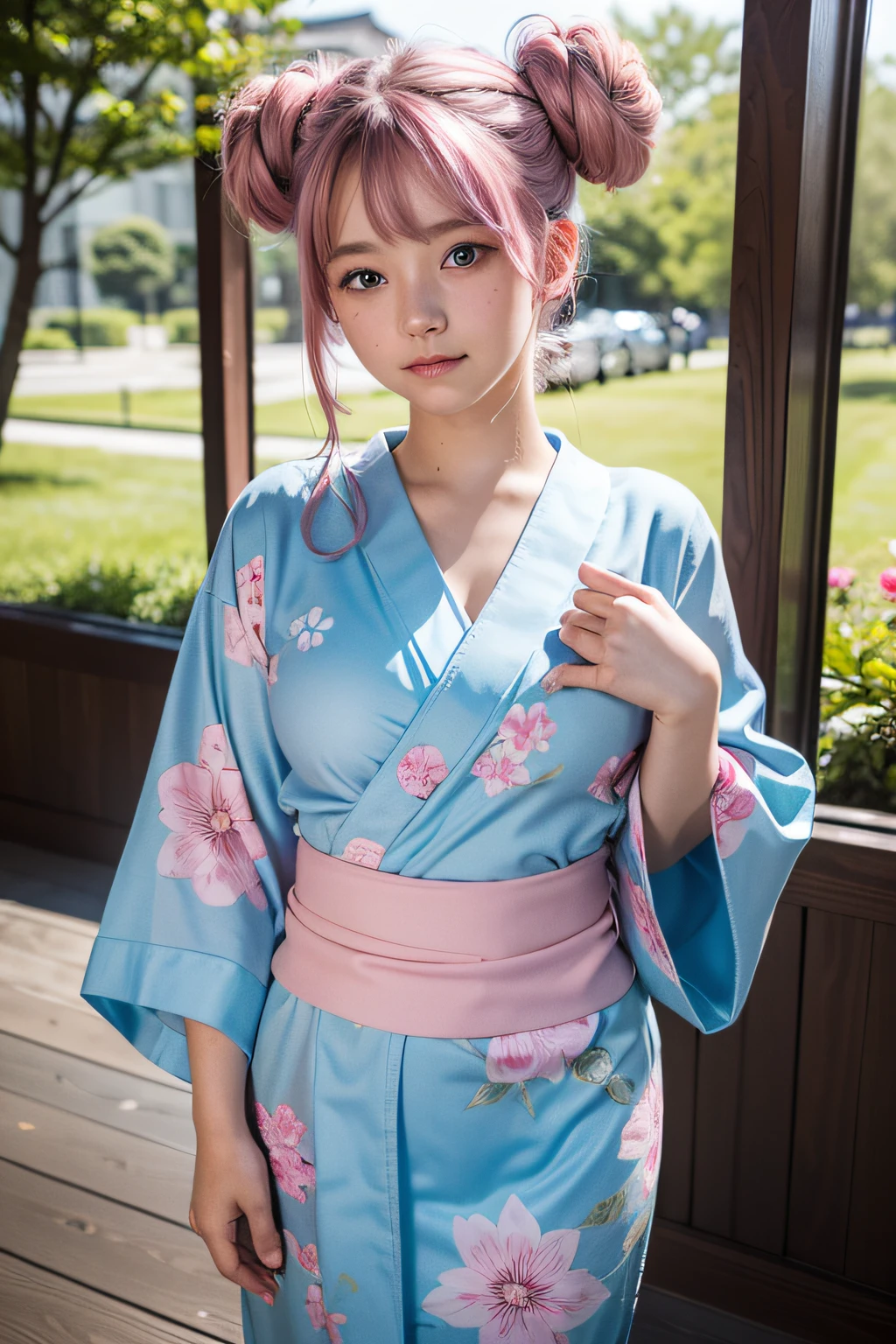 (masterpiece, best quality, beautiful girl, solo, gardeniass, 8k, official art, raw photo, detailed Blue eyes, full Pink Hair, 2 buns, classic yukata, teen, shy, medium curvy body, blue eyes, soft smile