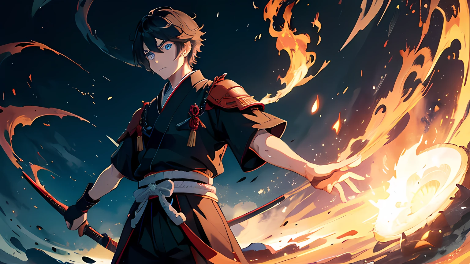 a young male samurai, wearing japan imperial military uniform. he is a righteous samurai who fight demon. he hold a sword with flames coming out from his sword. The background is a swirling flame in Katsushika Hokusai style. stood in front of a huge transparent glowing flame. Has a demonic aura on his body. Masterpiece, high-resolution, detailed eyes, blue eye color, full body. Ray tracing, dramatic lighting.