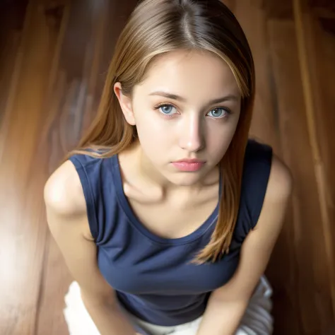 ((From a straight above, birds-eye perspective)), 1girl, Portrait of an 14 year old cute beautiful perfect face petit teengirl knelt on the wooden floor, very beautiful Russian, her eyes gazing up toward the camera, sleeveless t-shirt, (huge cleavage), dar...