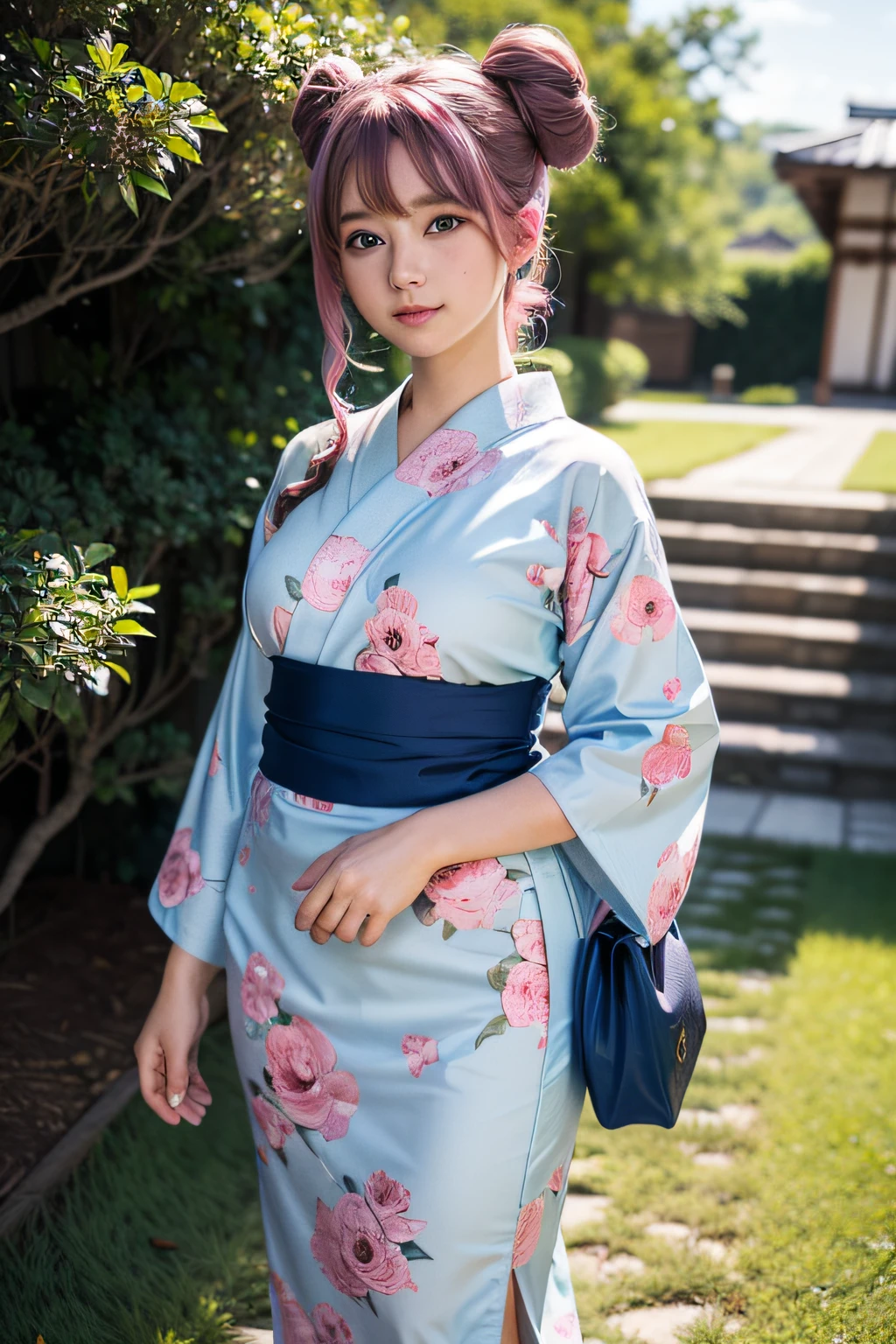 (masterpiece, best quality, beautiful girl, solo, gardeniass, 8k, official art, raw photo, detailed Blue eyes, full Pink Hair, 2 buns, classic yukata, teen, shy, medium curvy body, blue eyes