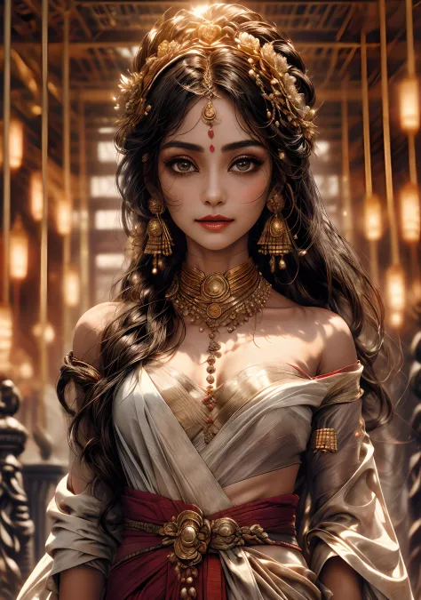 **Subject:** Goddess Sita from Ramayan A beautiful and serene woman with long, flowing black hair and dark, almond-shaped eyes. ...