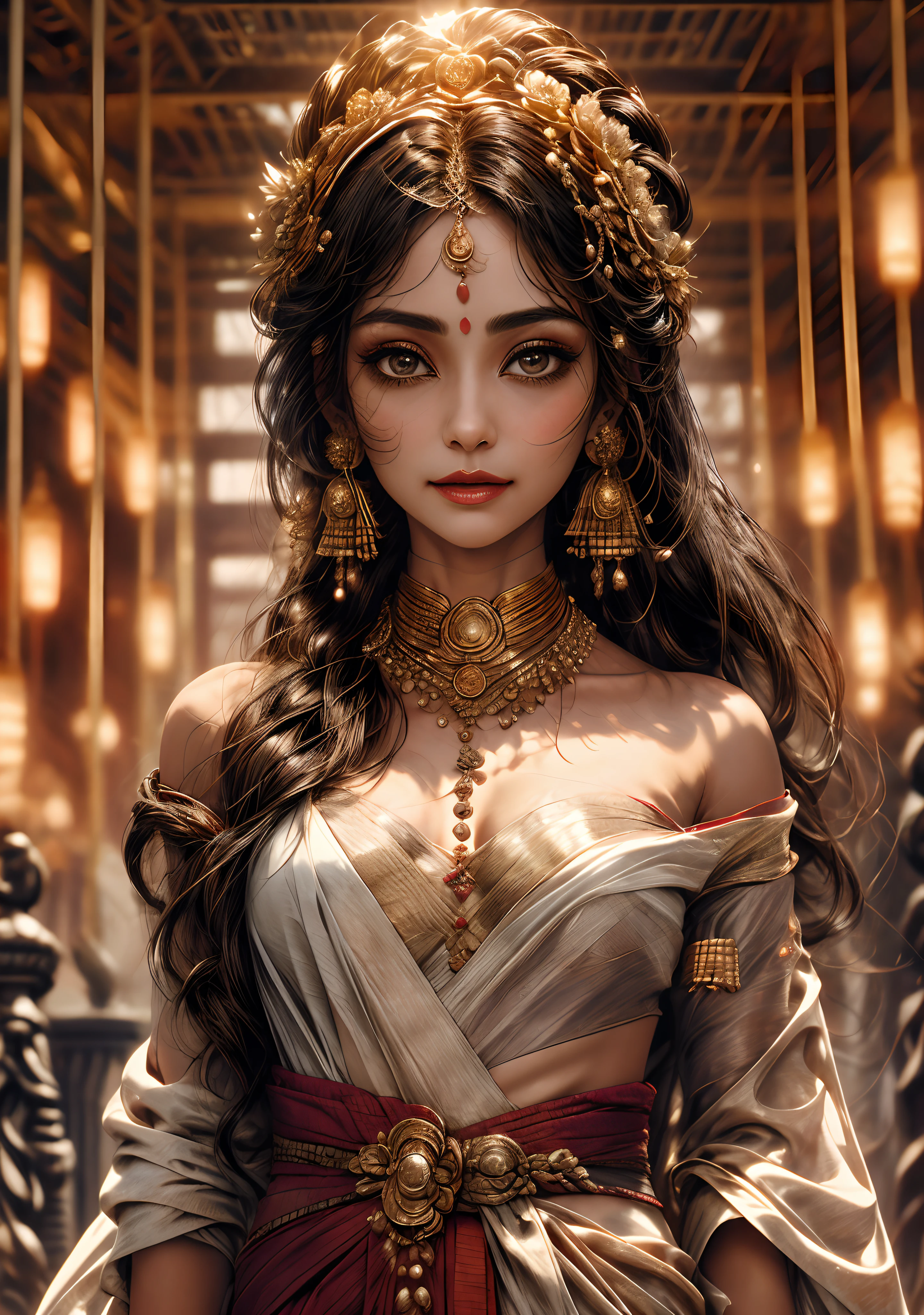 **Subject:** Goddess Sita from Ramayan A beautiful and serene woman with long, flowing black hair and dark, almond-shaped eyes. She is wearing a simple white sari and a golden necklace. She is standing in a lotus pose on a pedestal, and her face is illuminated by a soft glow.

**Details:**

* Her skin should be smooth and flawless.
* Her eyes should be large and expressive.
* Her lips should be full and sensual.
* Her nose should be small and delicate.
* Her hair should be long and flowing, and it should be adorned with flowers and jewels.
* Her sari should be simple and elegant, and it should be made of fine white silk.
* Her necklace should be made of gold and precious gems.
* The pedestal that she is standing on should be made of white marble, and it should be decorated with lotus flowers.
* The background should be a soft and ethereal light.

**Style:**

The style should be realistic, but with a touch of fantasy. The image should be beautiful and serene, and it should capture the essence of Goddess Sita's divinity.

**Additional notes:**

* Please try to capture the following qualities in the image:
    * Grace
    * Beauty
    * Serenity
    * Strength
    * Divinity
* Please avoid using any clichés or stereotypes in the image.
* Please be creative and original with your interpretation of the prompt.

I hope this prompt is helpful. I am looking forward to seeing your interpretation of Goddess Sita.