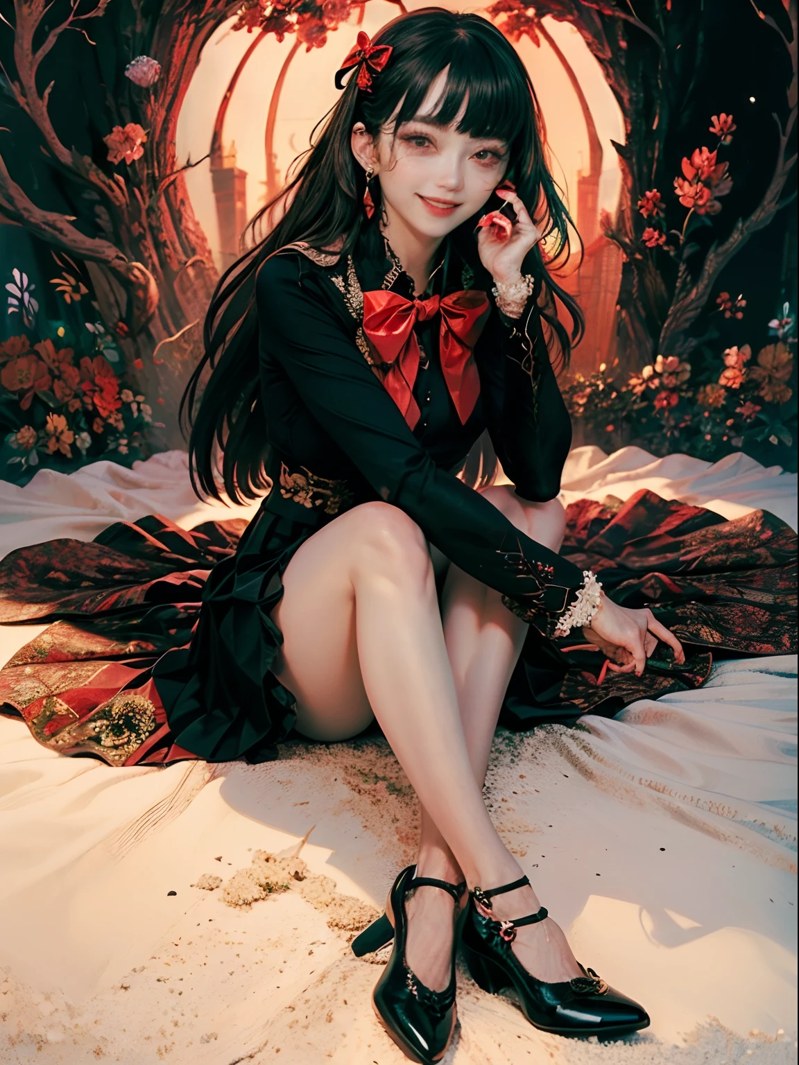 masterpiece, best quality, intricately detailed, a woman, beautiful, elegant, infected face, smile, iridescent long hair, bangs, bow, hair bow, skirt, shirt, long sleeves, frills, shoes, bowtie, (red and black:1.4), flower,