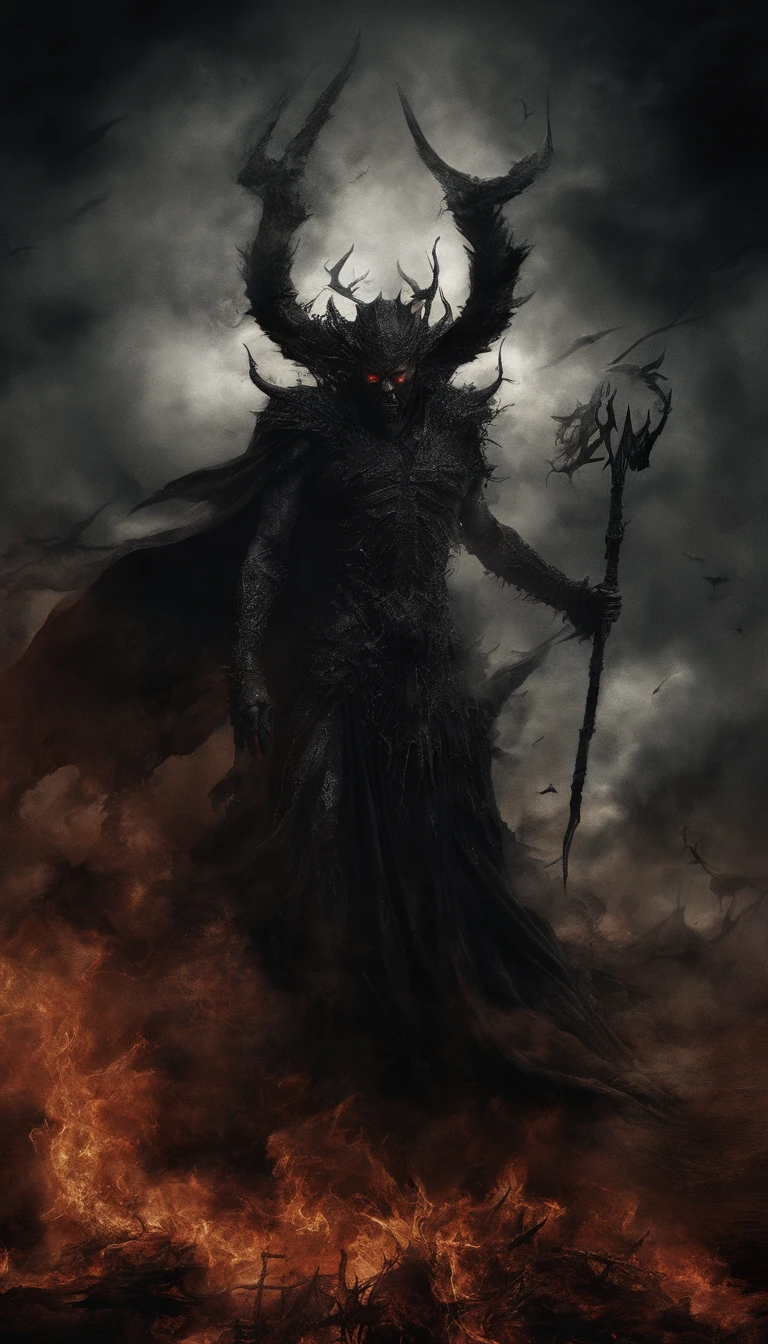 A demonic demon standing in the middle of a fire filled field - SeaArt AI