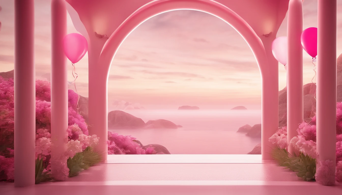 Es gibt einen rosa und weißen Bogen，mit Luftballons, rosa Zen-Stil, rosa landschaft, verträumte Szenen, Blick auf einen rosa Ozean, 3D-Rendering stilisiert, Stilisierte 3D-Darstellung, surreales 3D-Rendering, sprudelnde Landschaft, surreale Traumlandschaft, 3D-Stilisierte Szene, stilisiert als 3D-Rendering, verträumte Atmosphäre und Drama,