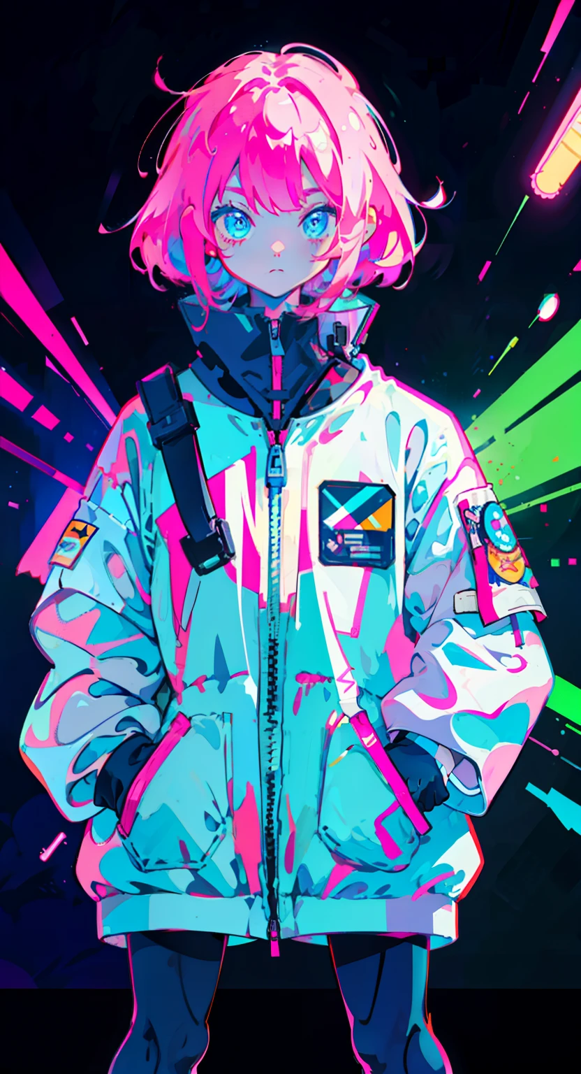 chef-d&#39;œuvre, meilleure qualité, haute qualité, Haute définition, haute qualité, filles animées, Vêtu d&#39;un costume d&#39;astronaute, couleurs rose fluo et bleu, cicatrice, autocollant, Style néon en plein plan, avec tes mains dans tes poches, sans expression, Fond noir