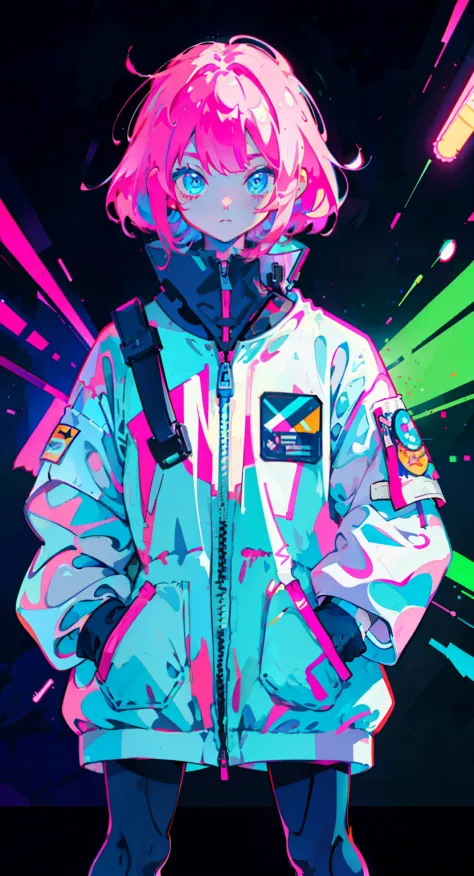 Masterpiece, Best Quality, High Quality, High definition, High quality, anime girls, Dressed in an astronaut suit, Neon pink and blue colors, scar, sticker, Neon style in full shot, With your hands in your pockets, expressionless, black background