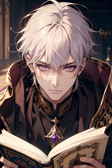 1male, calm, age 35 face, short messy with bangs, white hair, amethyst colored eyes, royalty, prince, black clothes, in a castle...