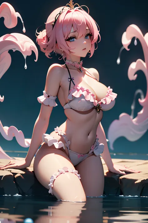 Beautiful Alluring candy hybrid african female, covered in gooey sticky candy, covered in pink goo, curly afro pink cotton candy hair, dark skin, inside a gooey candy filled river at fantasy candy forest, anatomically correct, cleavage, barely clothed, whi...