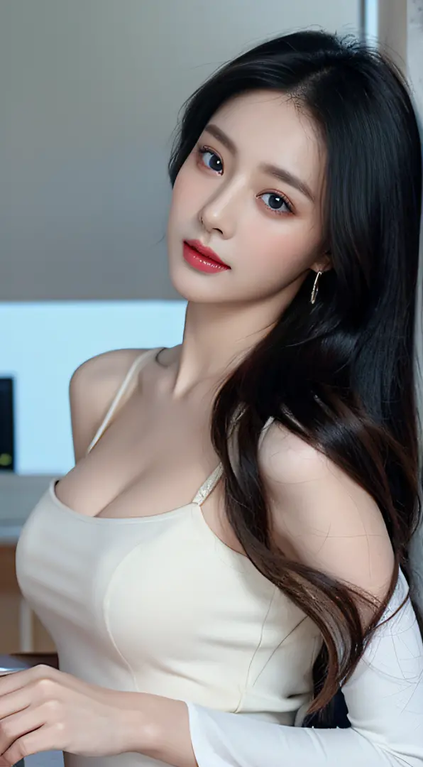 Portrait of a young saint of 20 years old, Saint with a beautiful and super cute face,Wearing a very thin and sexy Ao Dai, Beautiful cute face, There is a deep slit in the chest、Black and white lace trim attractive Ao Dai, Beautiful face without blemish, L...