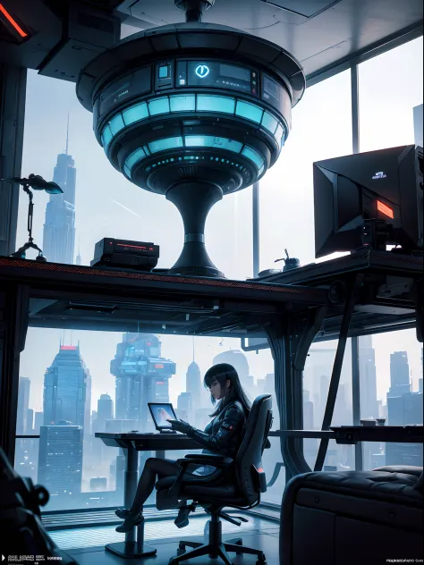 In front of the window there is a computer desk with a monitor and an armchair, Futuristic room background, Retro futuristic apa...