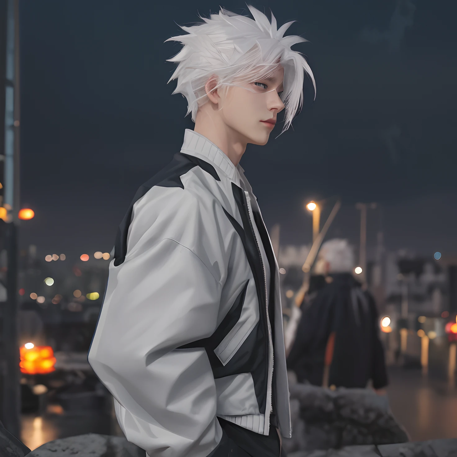 anime character with white hair and black jacket, jujutsu kaisen, white haired, white-haired, a silver haired mad, gojo Satoru,kakashi hatake, white - haired fox, male anime character, realistic, ultra details Best quality, masterpiece, ultra high res, (photorealistic:1.4), raw photo, young handsome male, black hair, (night city background:1.2)