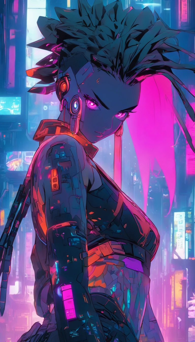 A woman in a futuristic outfit standing in front of a neon city - SeaArt AI