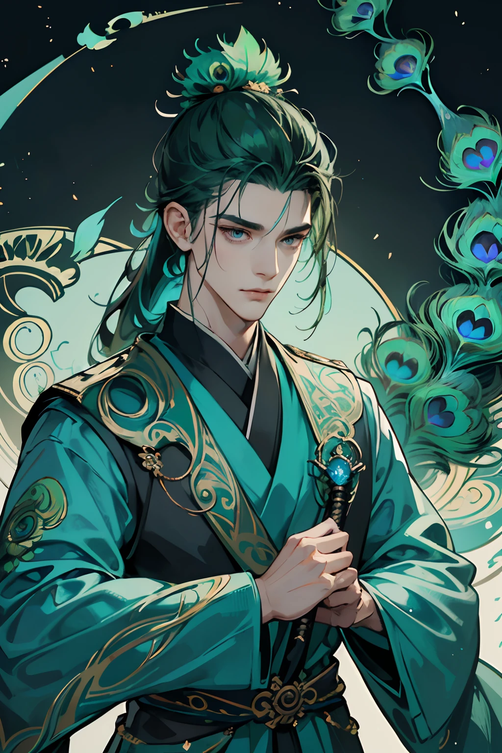 of a guy，((There are peacock feathers on the head))，Green hair，（Draped with hair），Green-blue clothes，forest backgrou，（Very delicate face），1人, mtu, Peacock style, Ancient Chinese hairstyle, Black eyes, Handsome, Handsome, Masculine, Tall,Silver armor，((Peacock feather pattern))，Court，，The proportions are correct，（Very detailed faces），swordsmen，（With a weapon in his hand），ancient Chinese style mythology，High ponytail hairstyle，Neck details，（Flying peacock feathers），clothes details，high-necked，（Game quality），Light and shadow tracking，Ray traching，detailed glow，cg render，hair detail，Blue long hair，blue colored eyes，（Handsome），Handsome，（juvenile sense），Intricate clothing patterns，Perfectcomposition，Refinement，（high qulity），higher details，Lots of details，The background is complex，Tiangong atmosphere