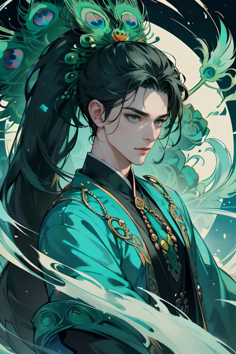 of a guy，((There are peacock feathers on the head))，Green hair，（Draped with hair），Green-blue clothes，forest backgrou，（Very delic...