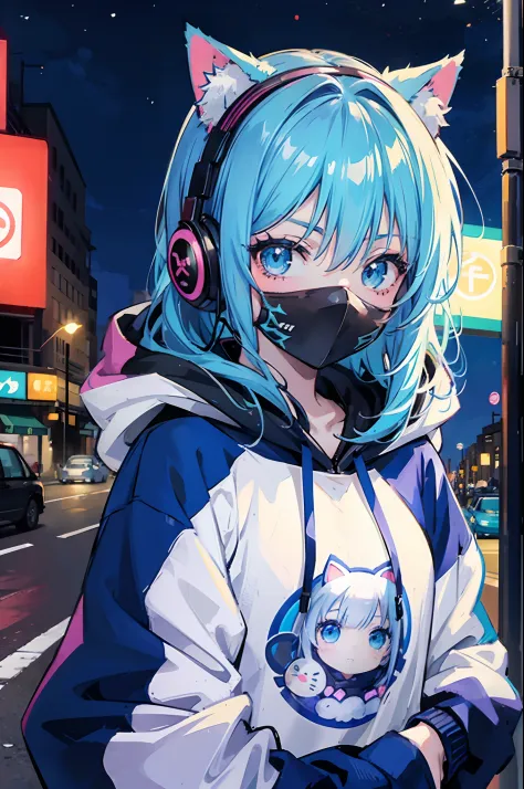 Anime Girl with blue hair, face mask with a cat design, hoodie, headphones, under neon lights, streets