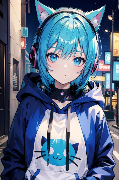 Anime Girl with blue hair, face mask with a cat design, hoodie, headphones, under neon lights, streets