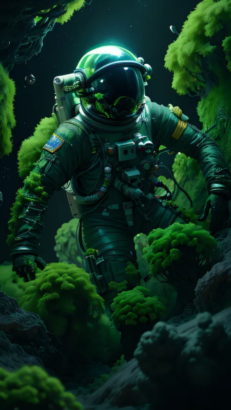 astronaut stranded in a neon green mossy planet deep black space, hyperdetailed surreal unreal engine
