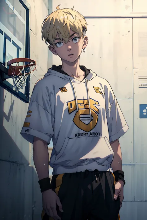 There's a blonde boy there、college aged、Basketball court、Mashed Potato Cut Hairstyles、Basketball suit、Gray pants、standing on your feet、Upper body portrait、Wipe sweat from forehead、brightened、Earring in the left ear
