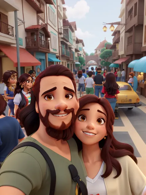 Casal (mulher morena cabelos curtos e enrolados e mulher morena, cabelo liso) no estilo Disney Pixar, alta qualidade, melhor qualidade.
