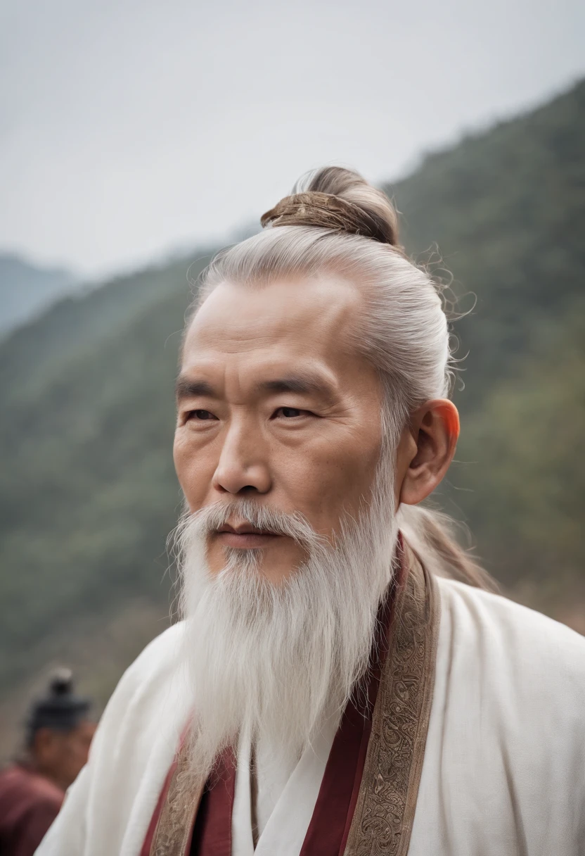 Close-up of an old man with a long beard and a white beard, Taoist,There is a bun on the top of the head，Use mahogany hairpins，Monk customs，full bodyesbian，inspired by Wu Daozi, monk portrait, Taoist master, portrait photo of an old man, Inspired by Hu Zaobin, inspired by Hu Zao, Long white beard, inspired by Li Cheng,high-definition picture quality