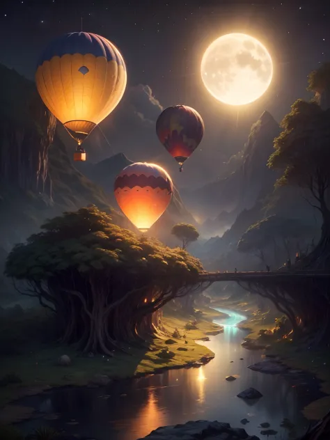(Best quality,4K,8K,A high resolution,Masterpiece:1.2),Fantasy world, natta, Some colorful hot air balloons in the sky, Comet wi...