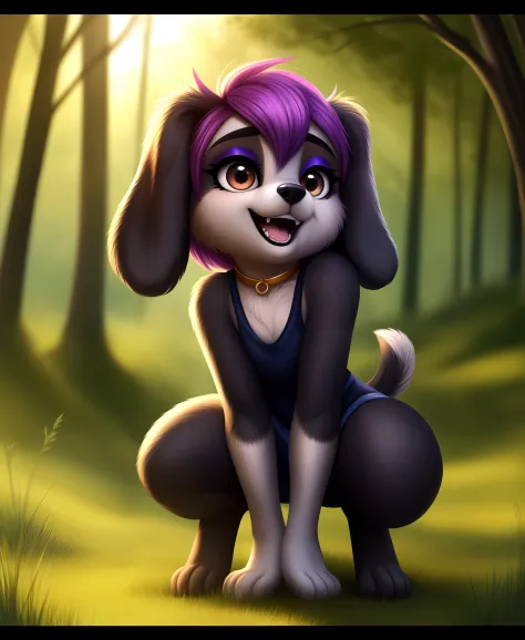 humanoid face, cute female anthro dog, (detailed silky dog fur:1.2), (dog fur), dog ears and nose, BREAK, solo, looking at viewer, outdoors, forest, early morning, blurry background, blurry foreground, BREAK, 1girl, charcoal colored hair, stacked bob hair,...