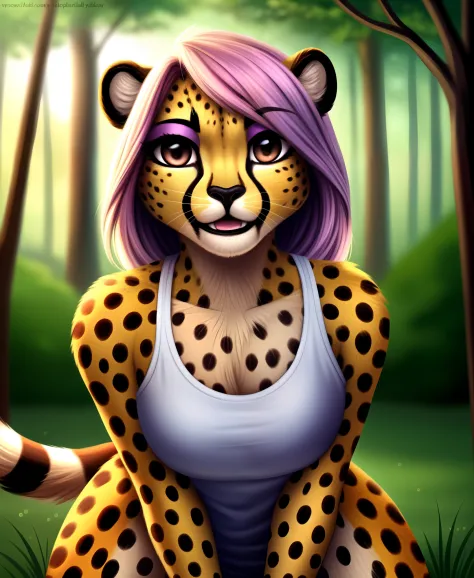 humanoid face, cute female anthro cheetah, (detailed silky cheetah fur:1.2), (cheetah fur), cheetah ears and black nose, BREAK, solo, looking at viewer, outdoors, forest, early morning, blurry background, blurry foreground, BREAK, 1girl, pink colored hair,...