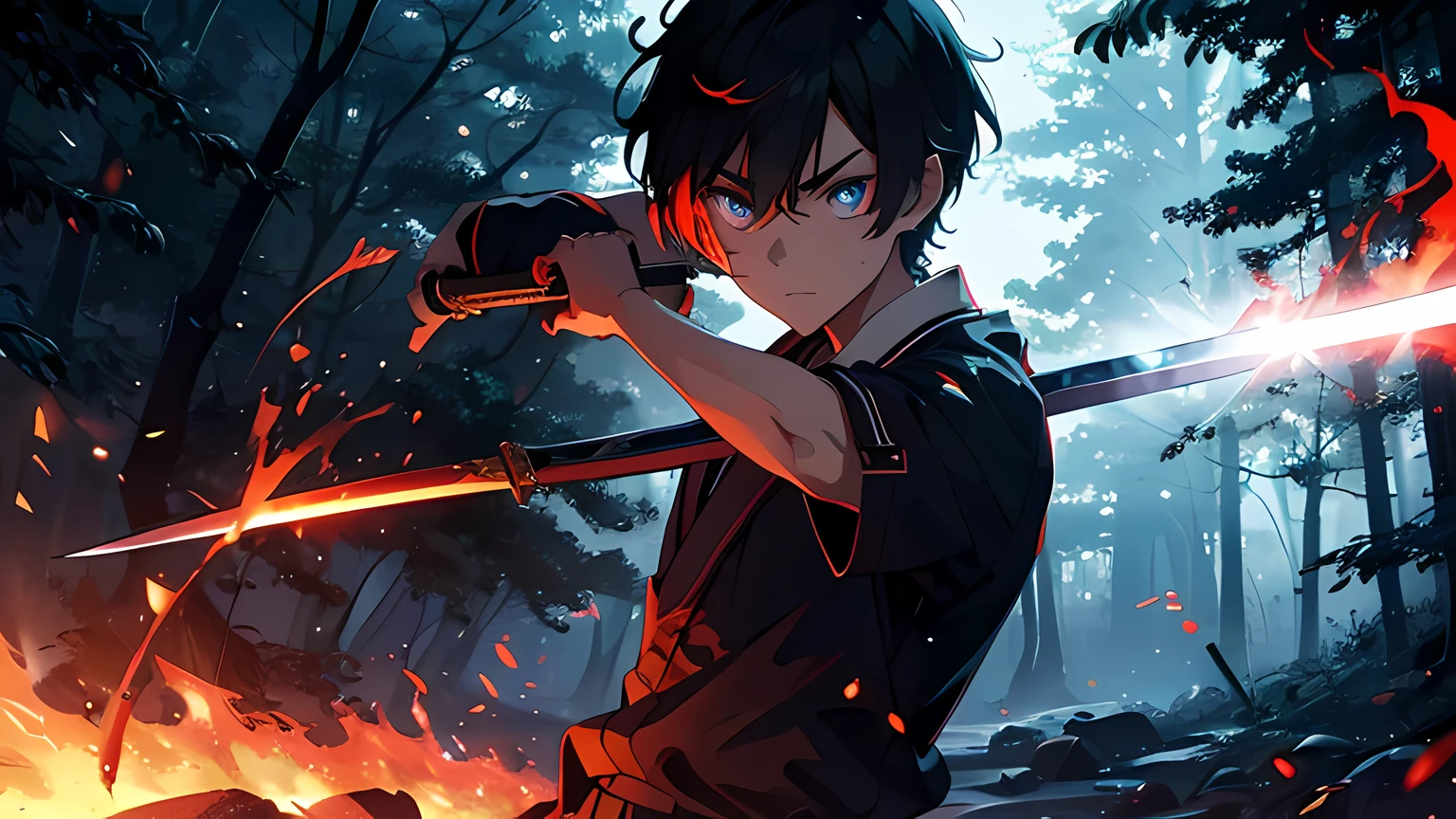 a highschool boy wearing japanese school uniform. holding a sword with a red flame coming out from his sword. the background is in the forest. stood in the middle of huge glowing flame and lightning. he has a demonic aura on his body. Masterpiece, high-resolution, detailed eyes, blue eye color, full body. dramatic lighting.