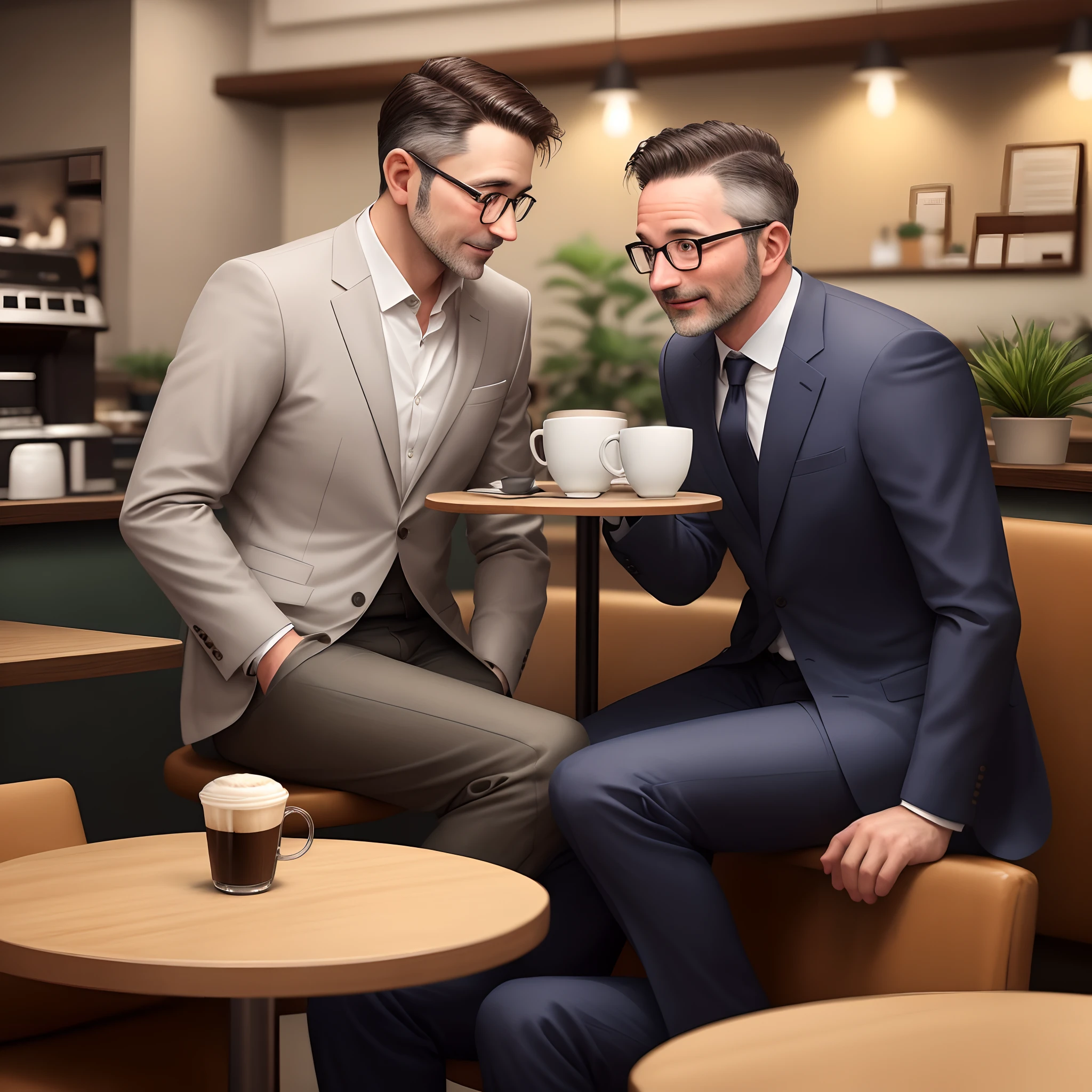 Two men in suits sitting at a table with a cup of coffee - SeaArt AI