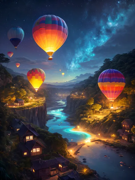 (best quality,4k,8k,a high resolution,masterpiece:1.2),natta, some colorful hot air balloons in the sky, magnificent night sky, ...