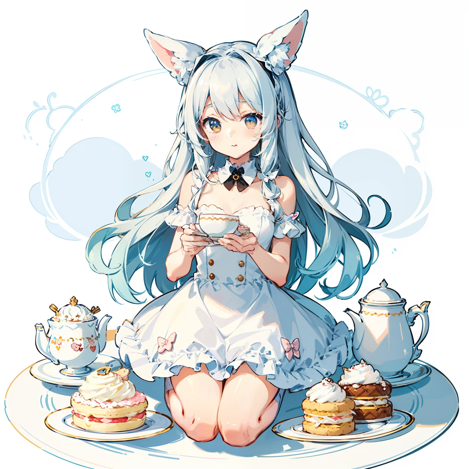 cute illustration:1.5), fluffy white rabbit, tea , cake, macaron 