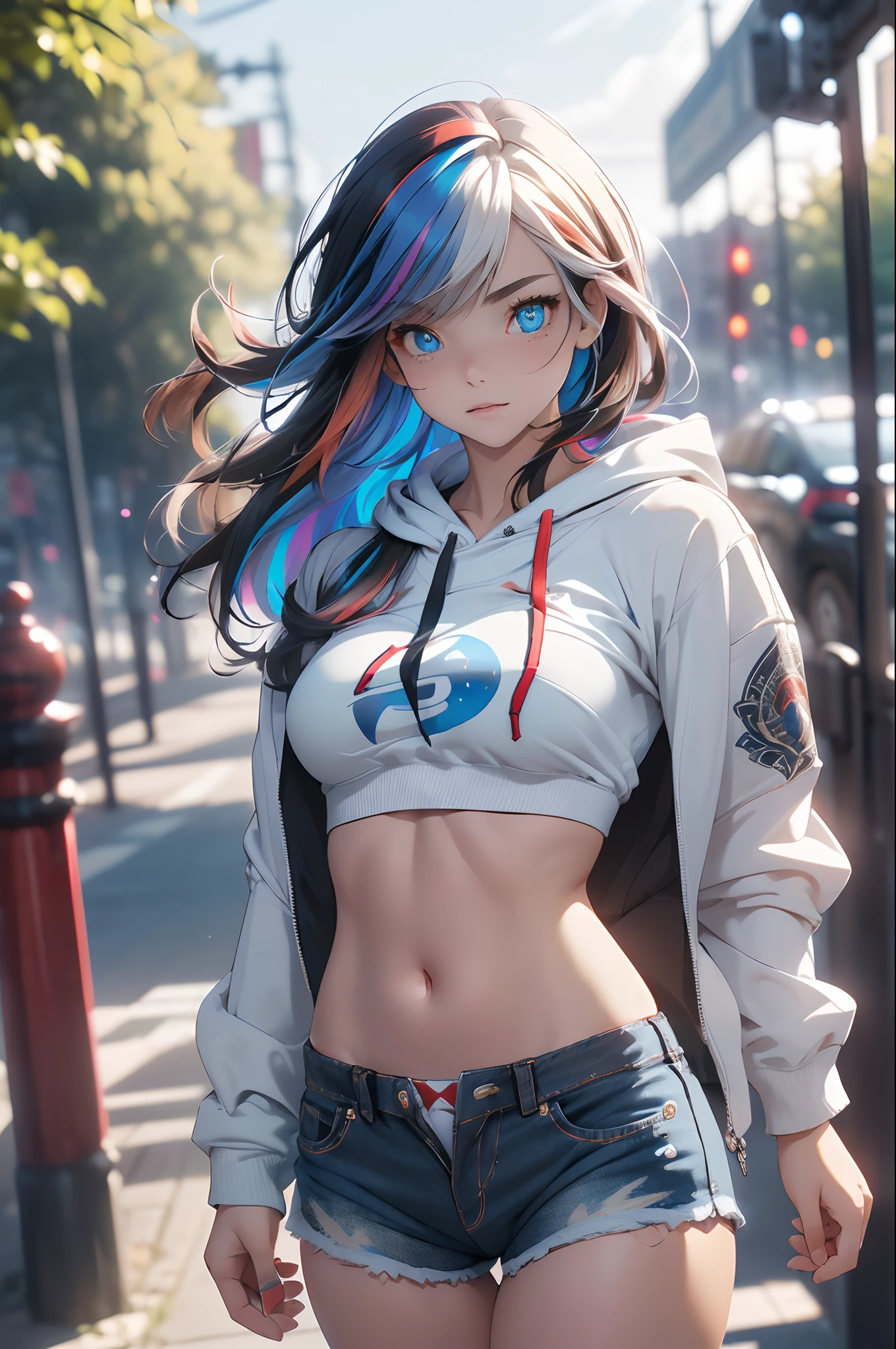 masterpiece,best quality,ultra-detailed,intricate,detailed face,detailed eyes,beautiful eyes,1girl,cowboy shot,(micro shorts, highleg panties, open fly:1.4),(hoodie, open hoodie:1.2),sports bra,fishnet legwear,arms up,armpits,holding hair,long hair,(flowing hair, multicolored hair:1.3),iridescent hair,(heterochromia, blue eyes, red eyes:1.5),outside,park,sky,sun,trees,jewelery,dynamic pose,dynamic angle,from above,(bloom, depth of field:1.2),style-swirlmagic,