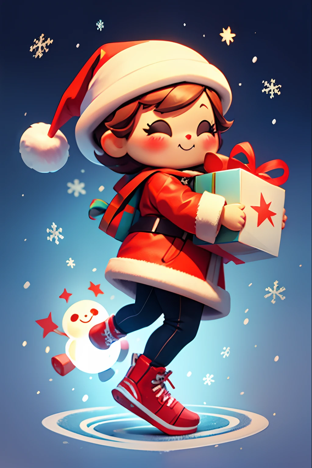 Papai Noel carregando presentes alegremente、Papai Noel é uma garota bonita、Boneca Chibi、estrelas nos olhos（sobre）、Olho para cima、rir、Lindos sapatos vermelhos、foco nítido, ultra detalhe, luz radiante、bio luminescent、snowscape、Está nevando、Passeio de snowboard、Desenhe um grande floco de neve em primeiro plano、tirado do lado、Efeito bokeh mais forte