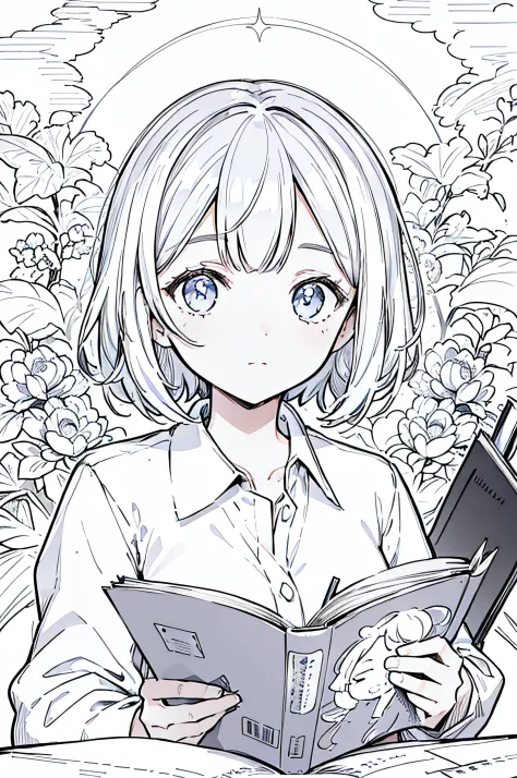 A girl,close up, wearing white shirt, reading a book, (best quality:1.3), (highres:1), (detailed:1.3), (incredible:1.3), (perfec...