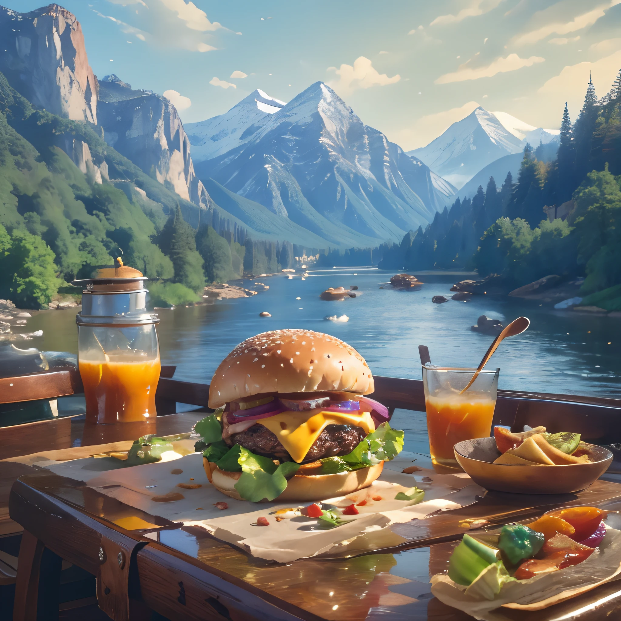 (Masterpiece, Top quality, Best quality, Beautiful and aesthetic:1.2), Extremely detailed, highest details,Close-up of burger set meal on restaurant countertops，Nutritious breakfast in the morning，The background is a landscape of mountains and rivers